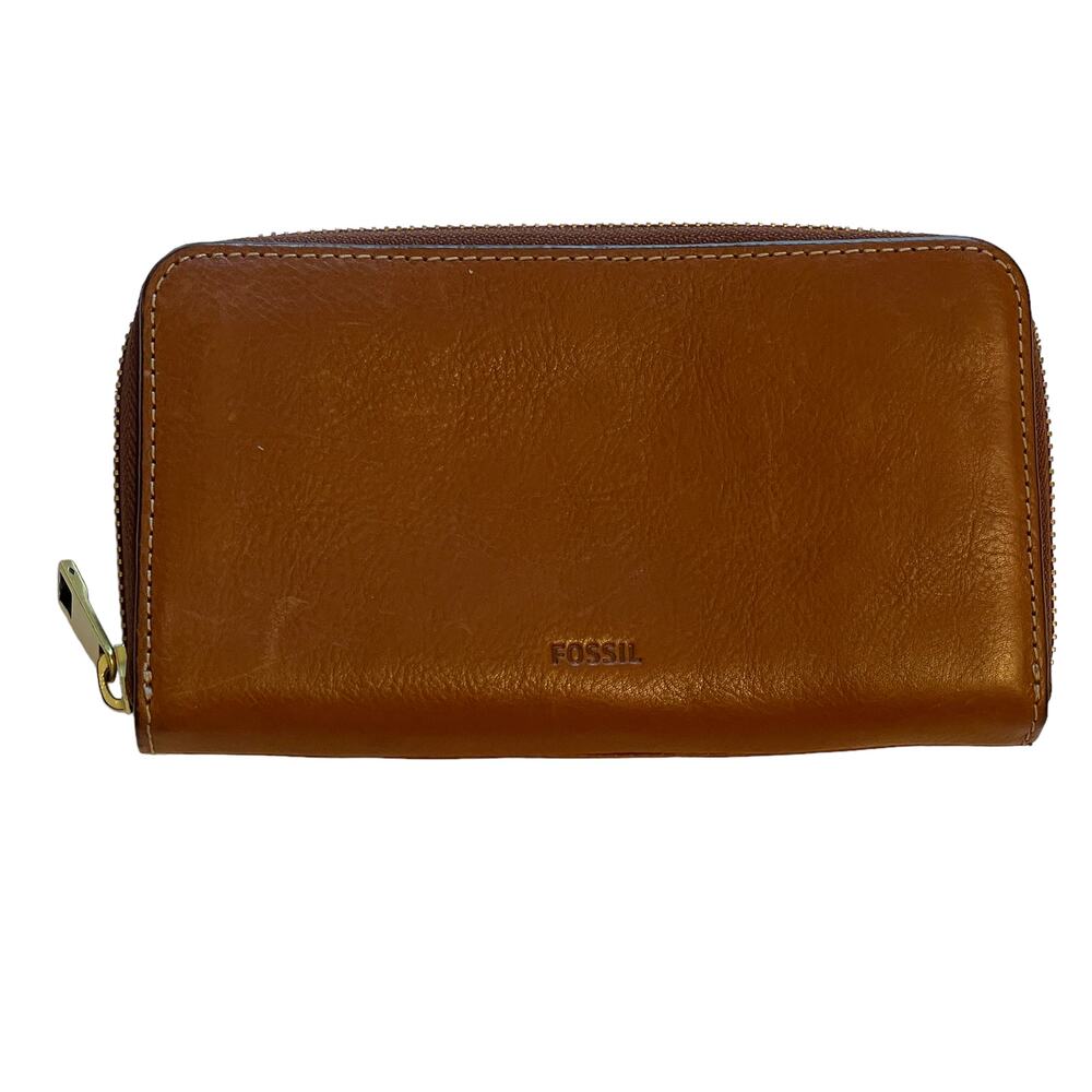 Fossil Leather Zip Around Wallet Womens Brown Card Holder Purse